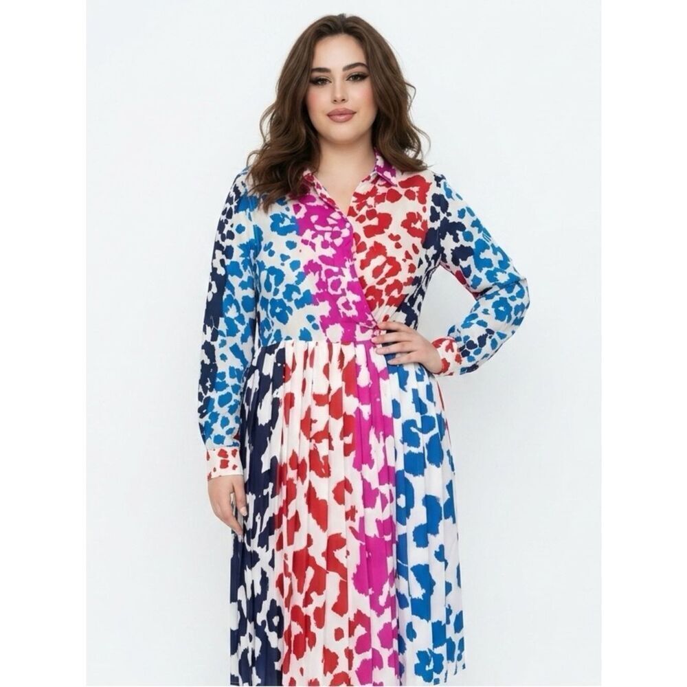 SARA ROKA | Colorful Long Sleeve Silk Midi Wrap Dress Women’s Size 48 (12-14)